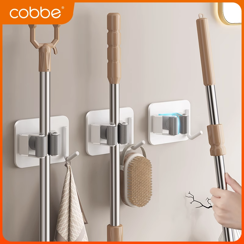 卡贝奶油白拖把壁挂夹免打孔挂钩卫生间挂架浴室置物架拖布夹挂架