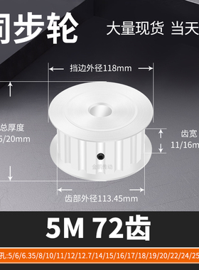 同步轮5M72齿AF型齿宽11/16内孔101215192马达钢锥套定制同步带轮