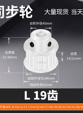 同步轮L19齿BF齿宽14/21内孔8/10/12/14/1马达钢锥套定制同步带轮