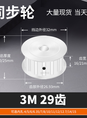 同步轮3M29齿AF齿宽16/21内孔563581012.7马达钢锥套定制同步带轮