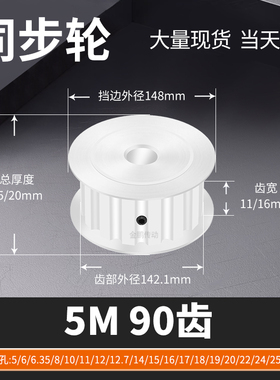 同步轮5M90齿AF型齿宽11/16内孔101215192马达钢锥套定制同步带轮