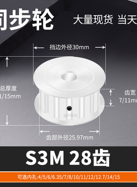 同步轮S3M28齿AF齿宽7/11内孔563581012.7马达钢锥套定制同步带轮