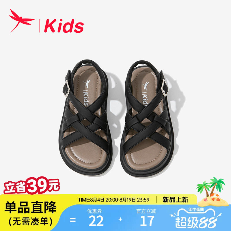 红蜻蜓女童夏季黑色罗马凉鞋