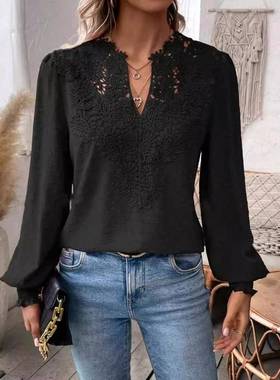 white lace patchwork long shirts for women autumn winter