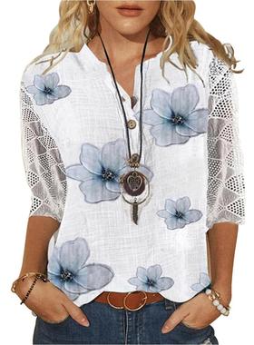 Shirt Collar Stand-Up Open-Placket Mid-Sleeve Splicing Lace