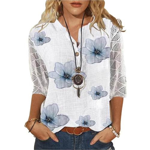 Shirt Collar Stand-Up Open-Placket Mid-Sleeve Splicing Lace