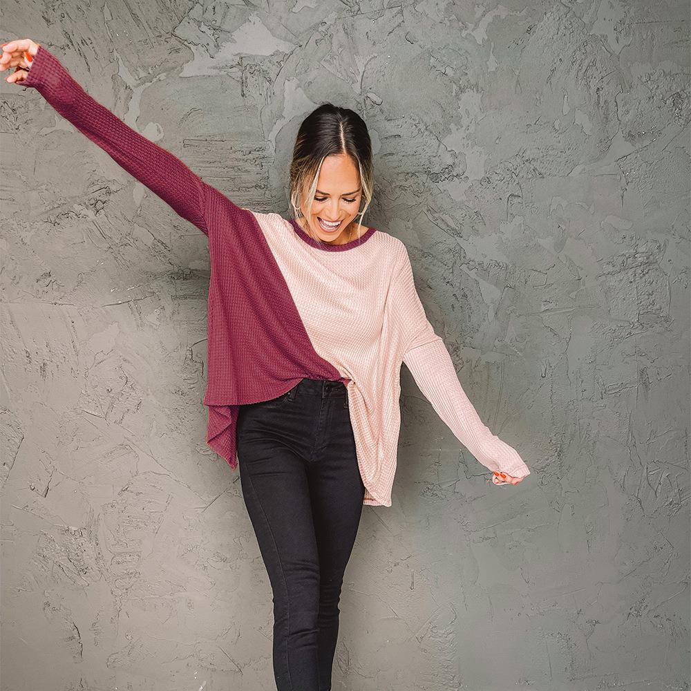 fleece irregular T-shirt contrast slit sleeve sweater color