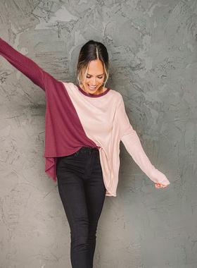 fleece irregular T-shirt contrast slit sleeve sweater color