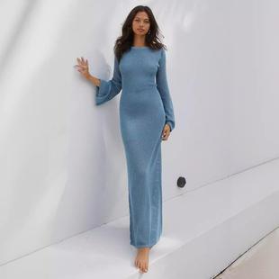 hollow long skirt Temperament backless neck sexy slim round