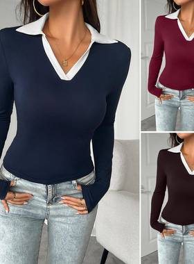 Womens Temperament Slim Buttonless POLO Neck Knitted Top