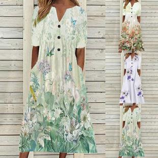 Womens Casual Button-Up Short Sleeve Floral Dress Party