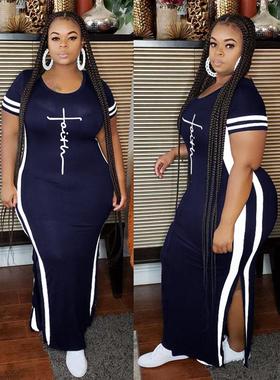 Fashion plus size womens long skirt round neck short sleeve