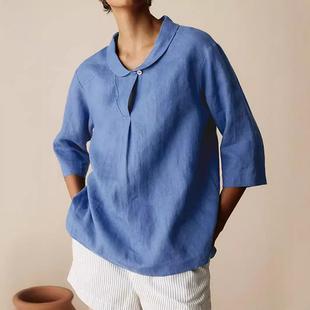 three sleeves loose Womens quarter shirt pure lapel top