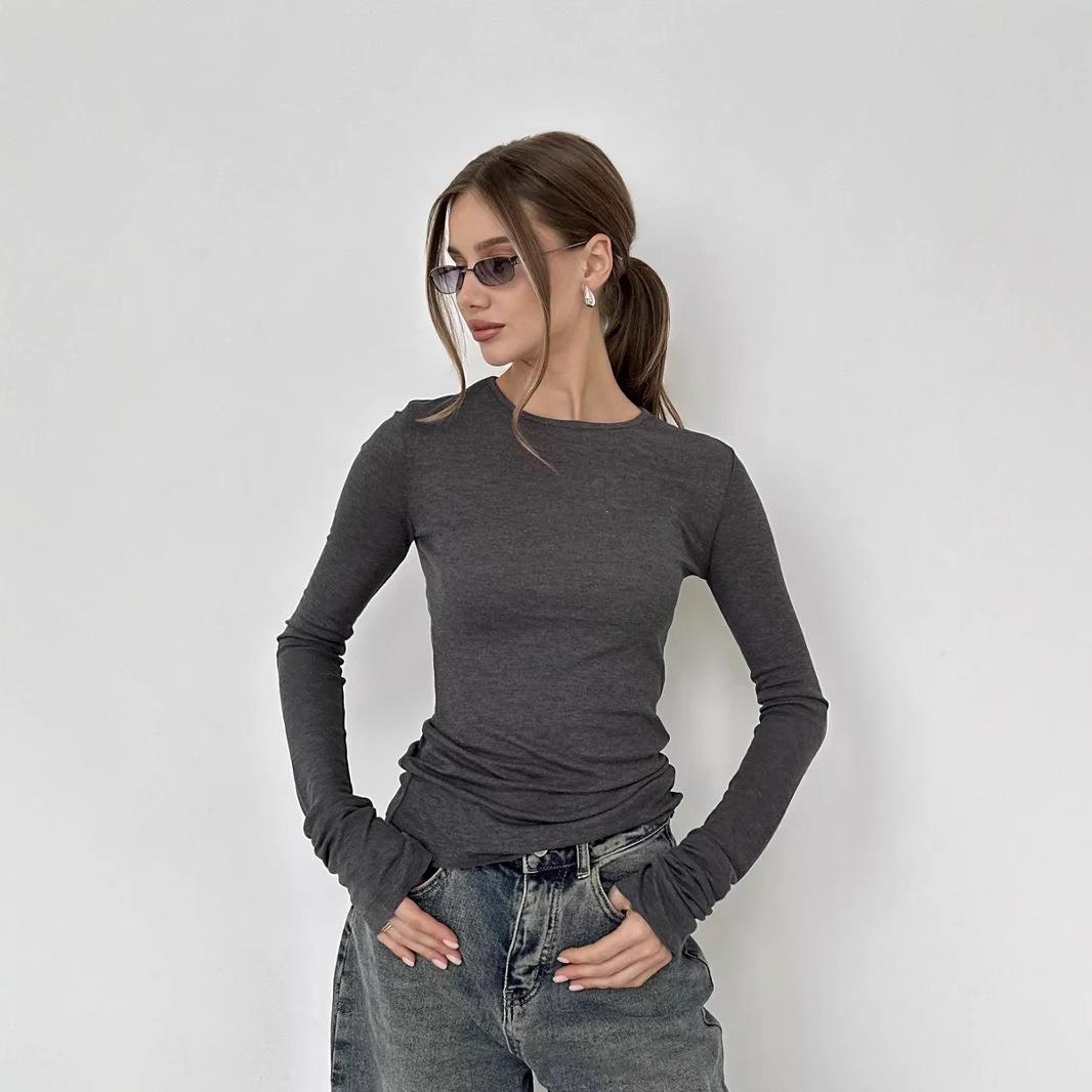 Womens solid color fashion slim round neck flared long