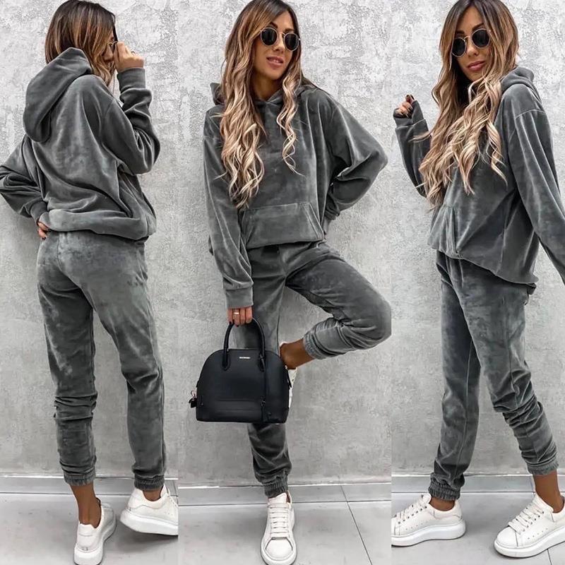 suit two-piece pants sports sweatshirt hooded color solid