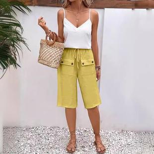 Front Pants Pocket Cropped Color Loose Solid Womens