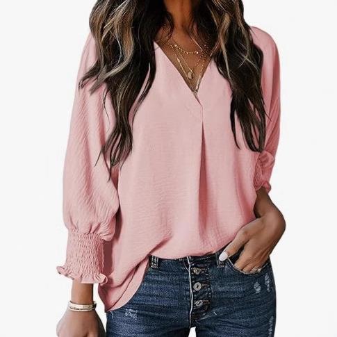 Womens Tunic Tops V-Neck Casual Loose 3/4 Sleeve Shirt