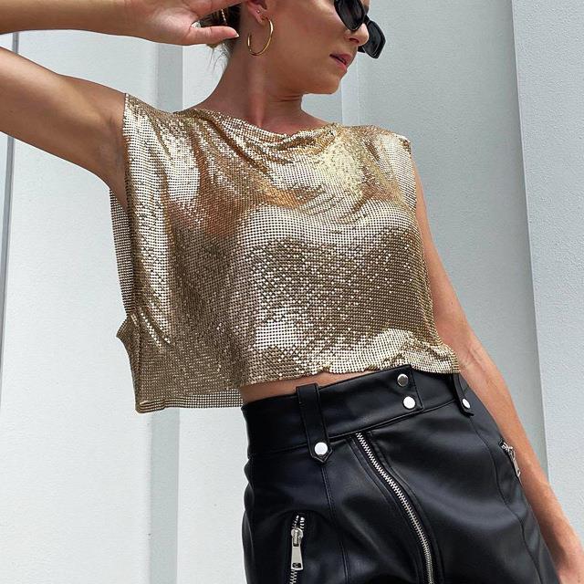 Womens Metal Sequin Top Personality Punk Style Sexy Hottie