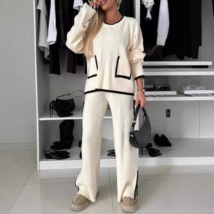 casual wide color top Contrast pocket suit womens matching