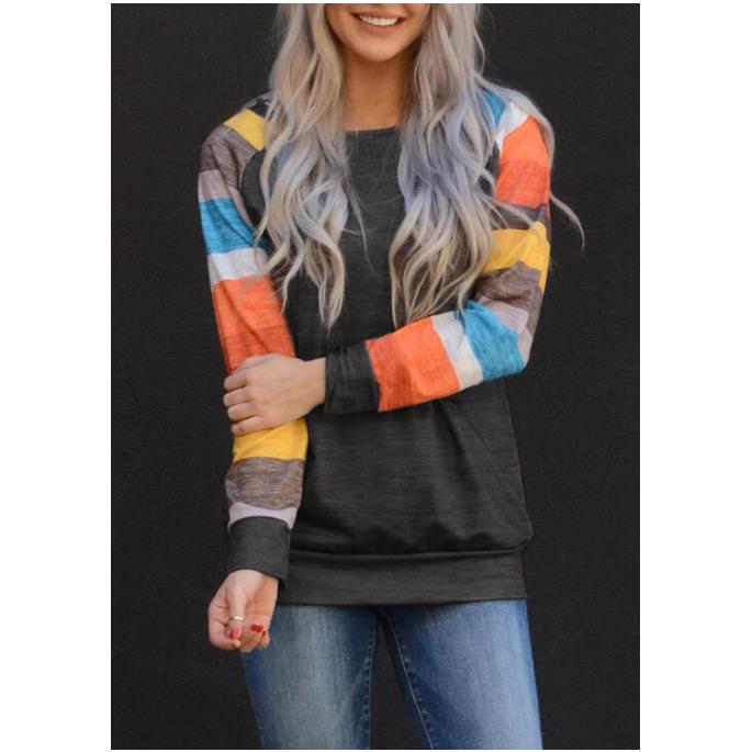 Long Sleeve Color Block T-Shirt Stripe Collar Top