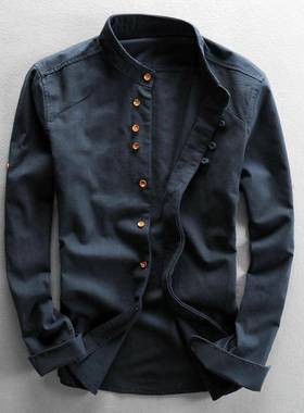 Mens casual linen shirt stand collar cotton and linen shirt