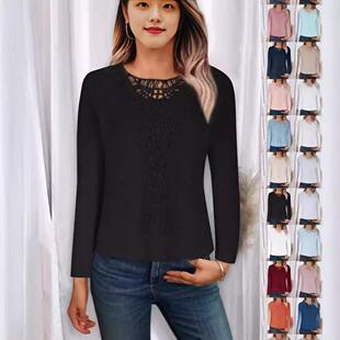 womens shirt color lace round neck stitching long Solid