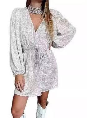 Long Wrap Wraparound Dress Neck Glitter Costume Womens