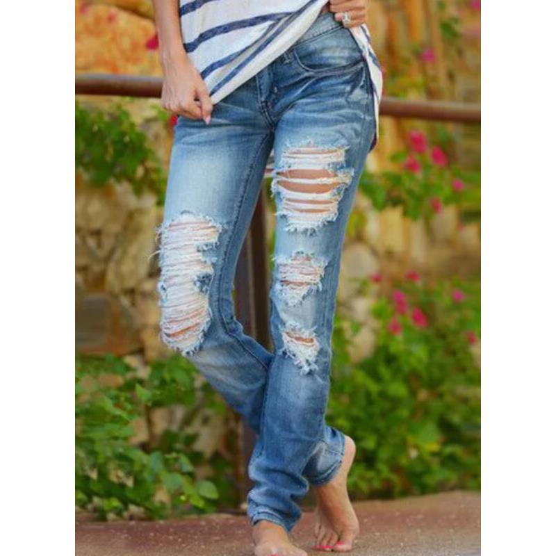 Women's blue ripped jeans straight loose denim trousers