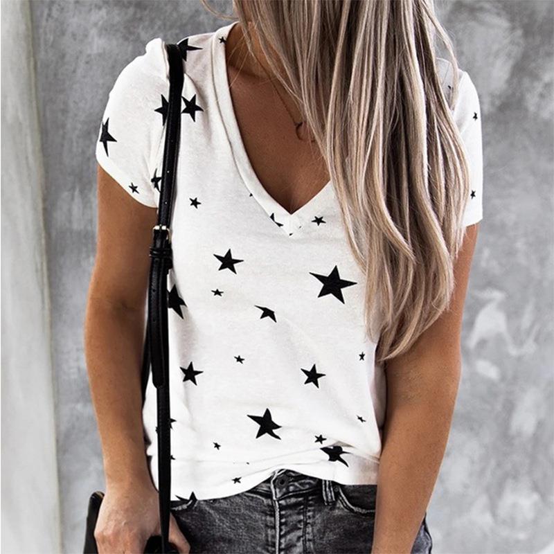 V-neck digital star short-sleeved T-shirt top for women