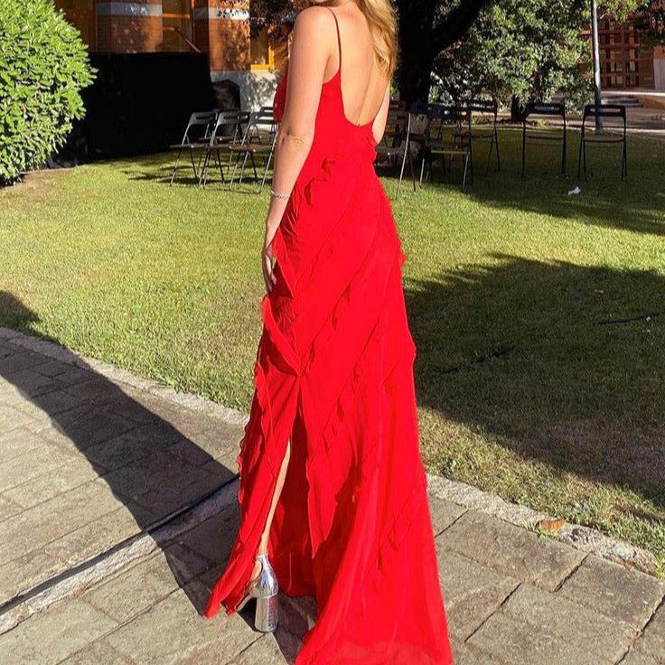 fit slit wave backless skirt halter off-shoulder side long