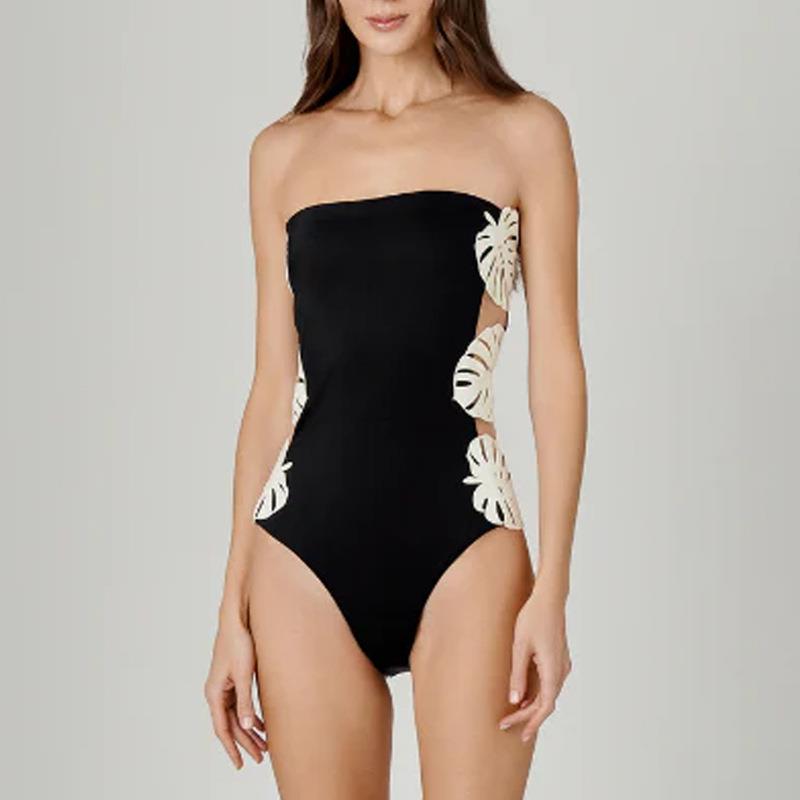 Swimsuit hot girl black and white tube top leaf stitching
