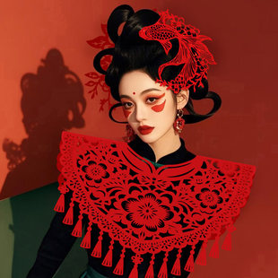 男女新年拍照道具新中式非遗剪纸云肩头饰马年装饰摄影写真儿童