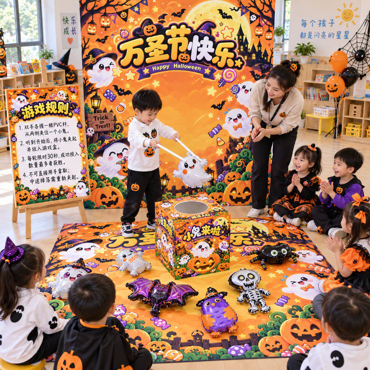 万圣节夹抓小鬼趣味游戏盒子地垫幼儿园环创活动儿童互动比赛道具
