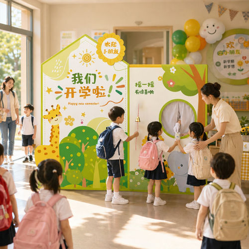 开学场景氛围布置摇铃签到背景板