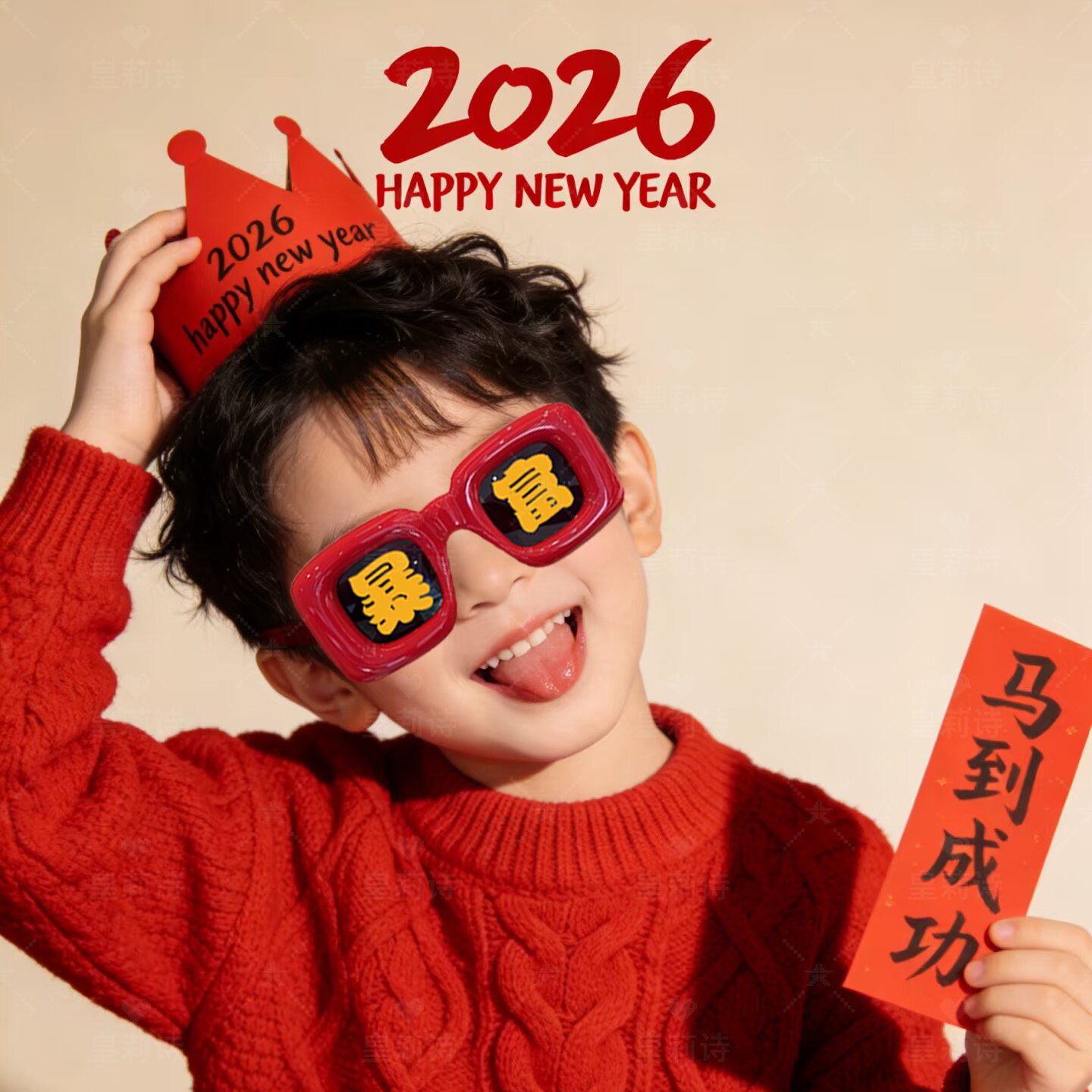 新年拍照道具好运发财暴富红色眼镜儿童影楼写真拍摄氛围感装饰品