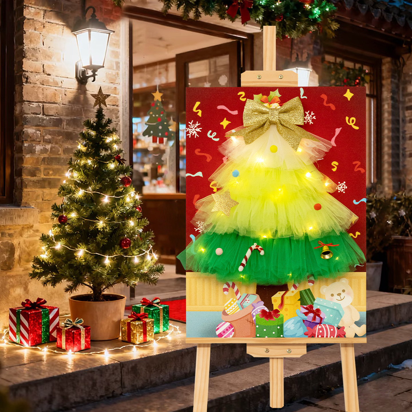 圣诞树布置店铺门口网纱迎宾牌kt场景氛围装饰展板幼儿园DIY手工