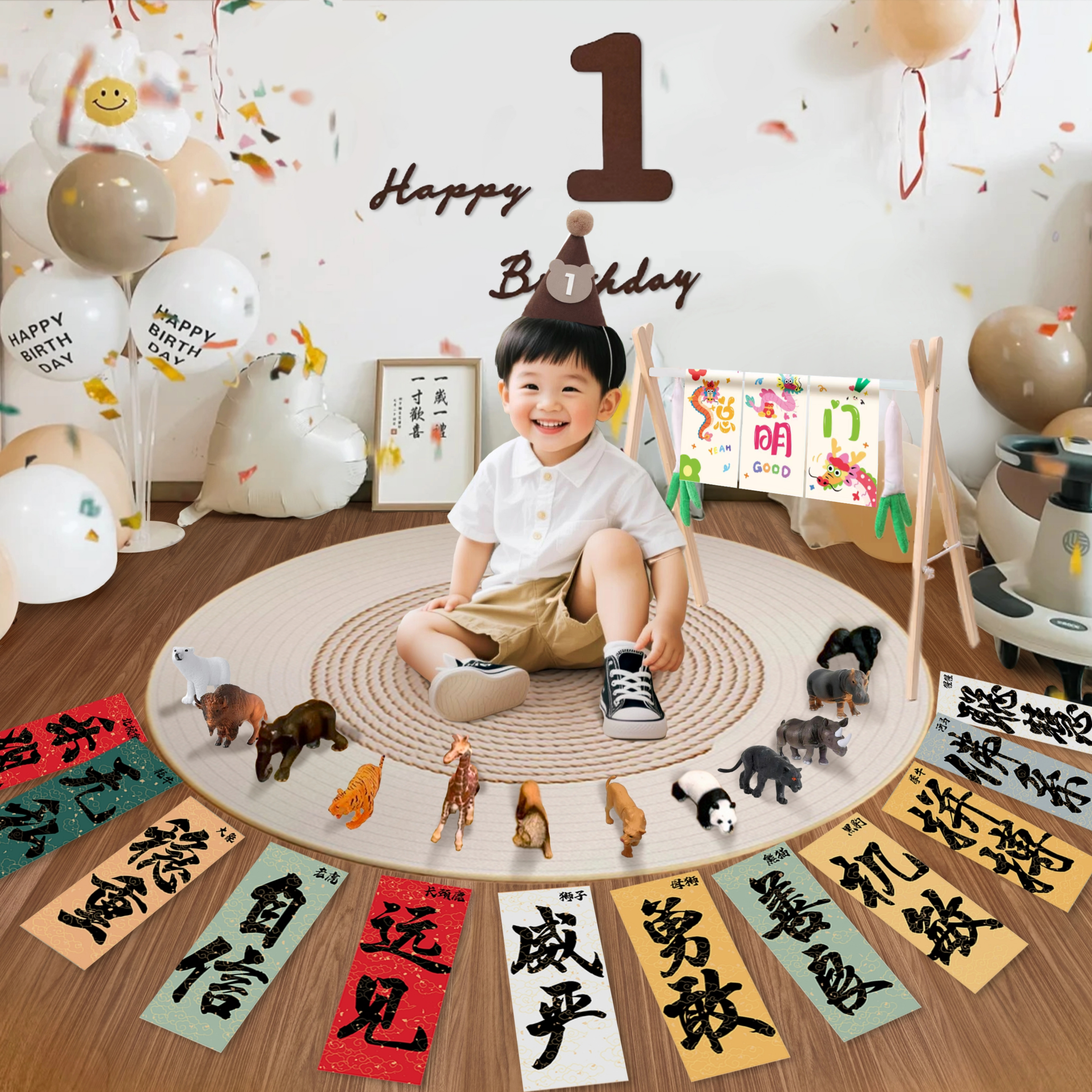 龙宝宝抓周道具一周岁生日宴布置装饰品聪明门动物品德字条幅拍照