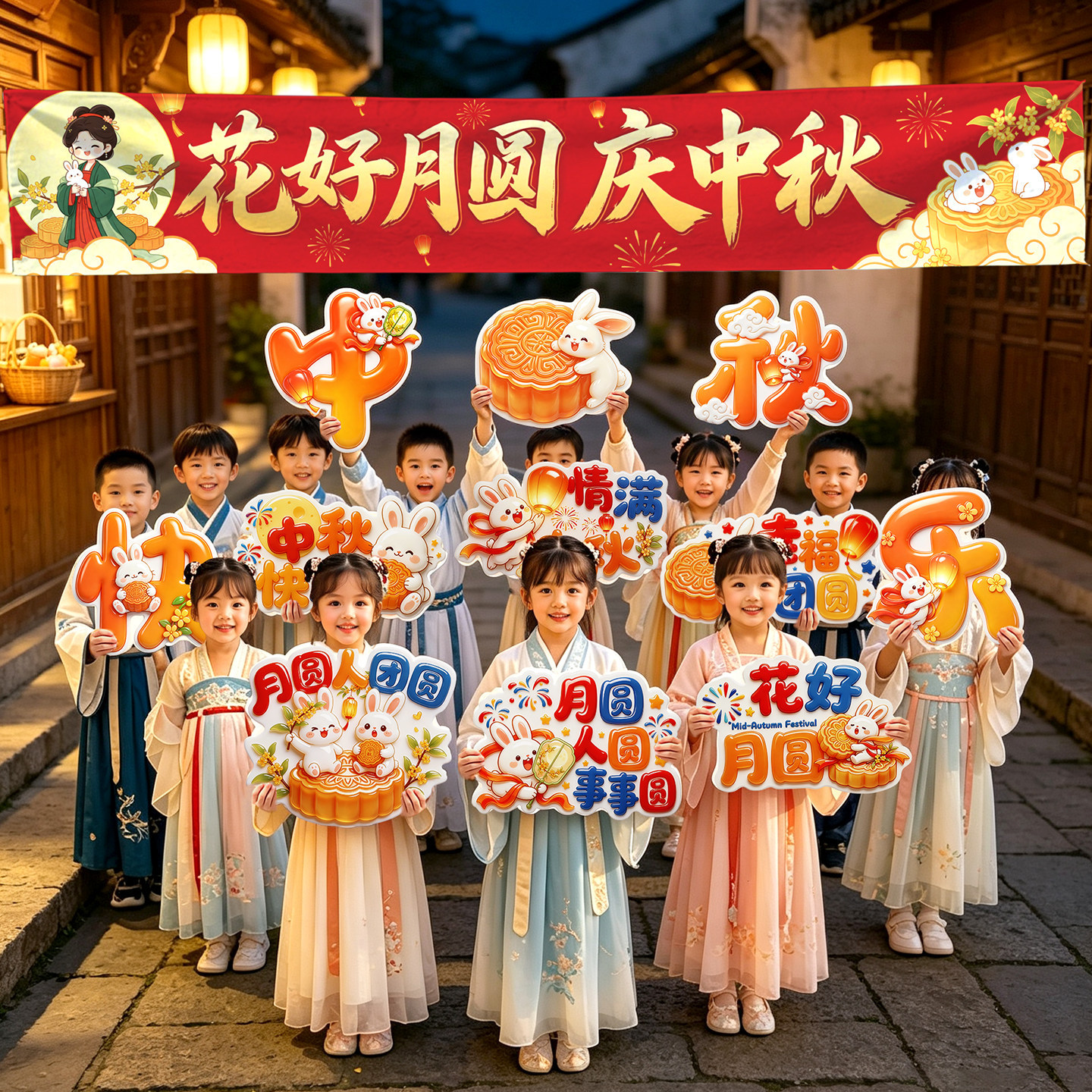 中秋节活动氛围场景布置国庆装饰幼儿园儿童表演kt板手持拍照道具