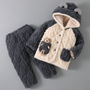 三层夹棉男童珊瑚绒家居服套装 女童冬季 儿童法兰绒睡衣女孩加厚款