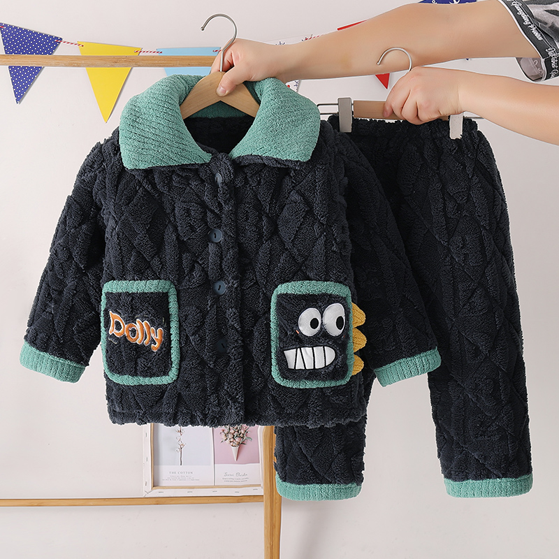 冬季男孩夹棉珊瑚绒家居服