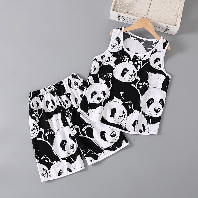 男童棉绸儿童睡衣男孩夏季薄款无袖背心绵绸女童家居服空调服套装