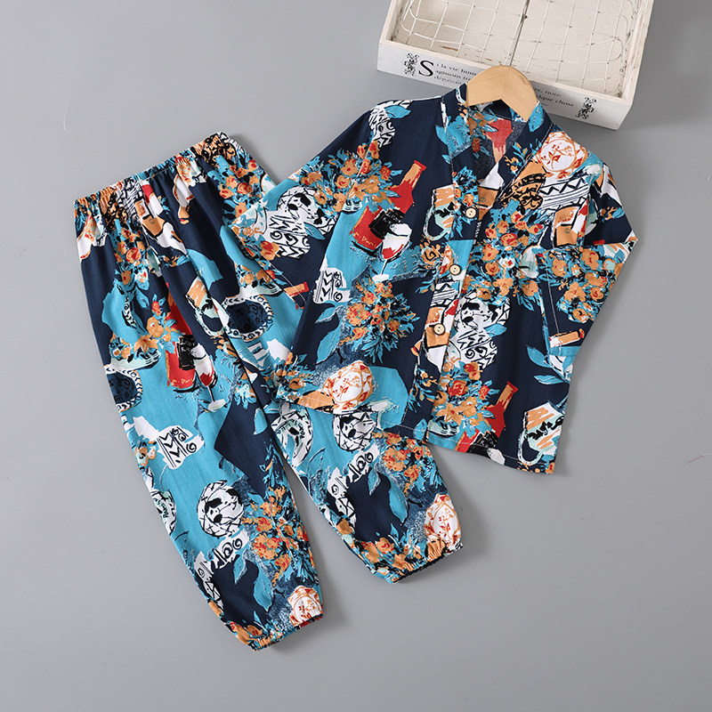 夏季男童薄款棉绸睡衣儿童宝宝绵绸空调七分袖套装女童男孩家居服