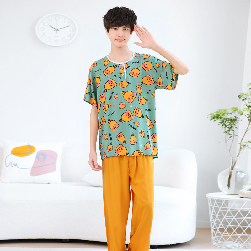 夏季青少年棉绸睡衣大童男童男孩家居服夏天男士短袖薄款绵绸套装