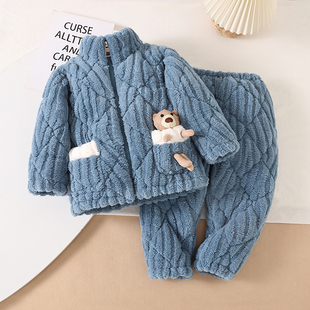 冬季三层夹棉加厚睡衣儿童女童珊瑚男孩男童法兰绒家居服宝宝套装