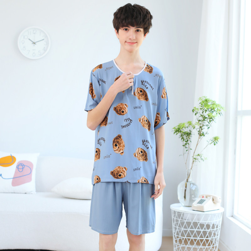 夏季青少年男童薄款绵绸短袖空调家居服儿童男孩套装大童棉绸睡衣