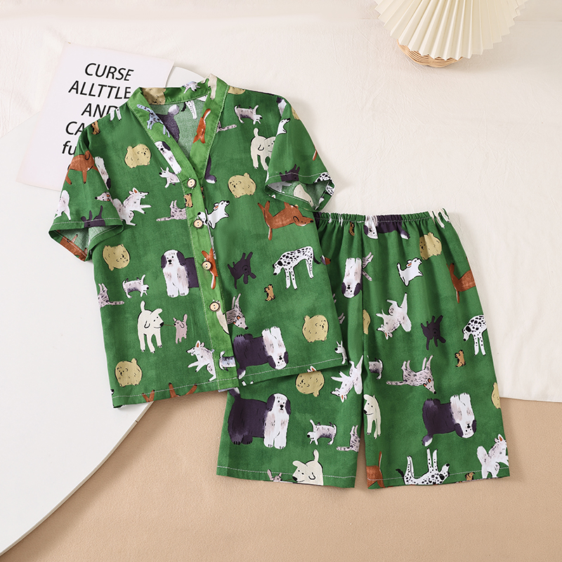 夏季男童女童短袖兒童棉綢睡衣