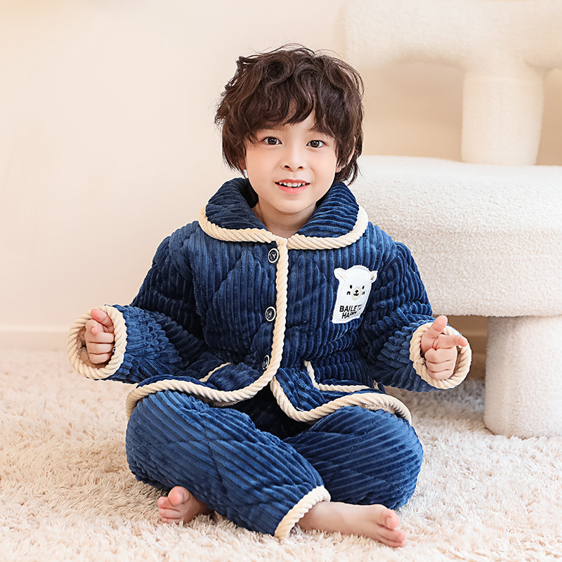 冬季儿童睡衣加厚款珊瑚绒加绒三层夹棉男童男孩法兰绒家居服冬款