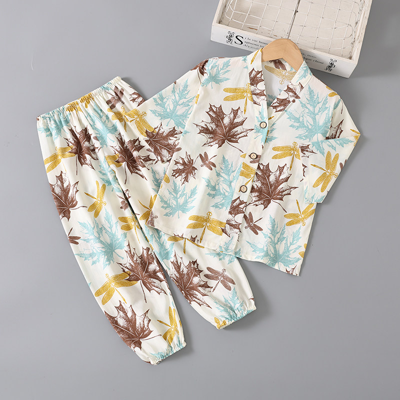 儿童夏季棉绸睡衣七分袖薄款男孩宝宝绵绸套装男童女童空调家居服