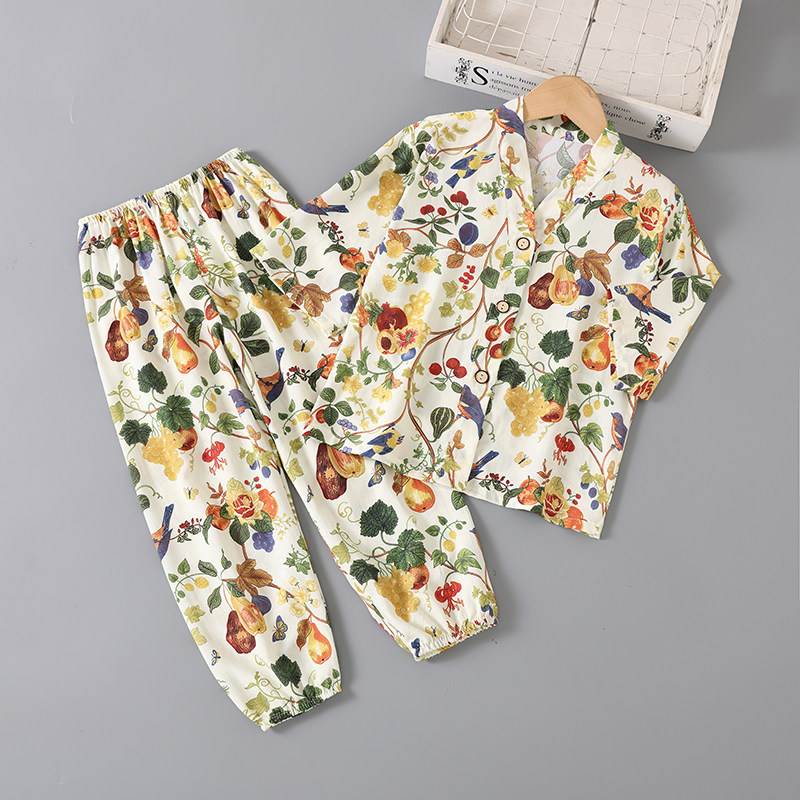 夏季儿童棉绸家居服女童女孩七分袖薄款男童宝宝睡衣空调绵绸套装