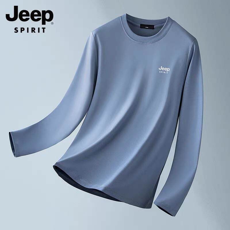 JEEP吉普白色纯棉打底衫男2025秋季新款宽松圆领男士内搭长袖t恤R